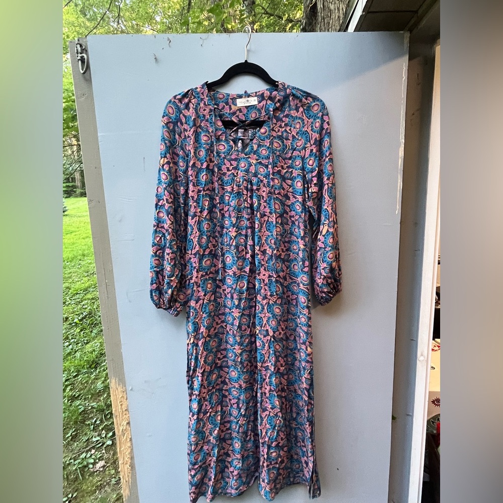 NATURAL LIFE Blue and Red Buttoned Bishop Sleeve Dress